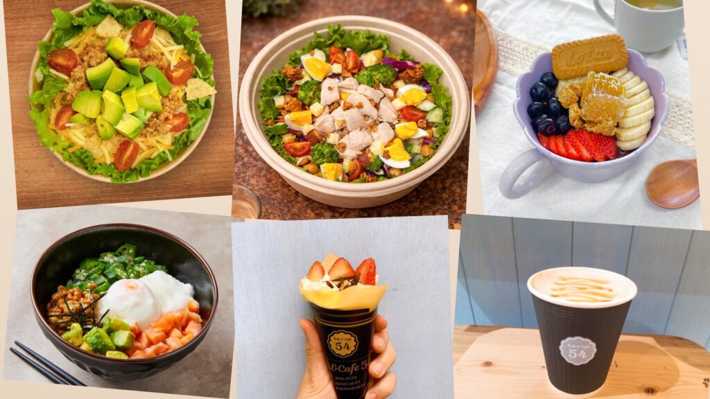 Deli&Cafe54のメニュー。タコライス・チキンのパワーサラダ・フルーツとグラノーラのボウル・海鮮丼・クレープ・カフェラテ