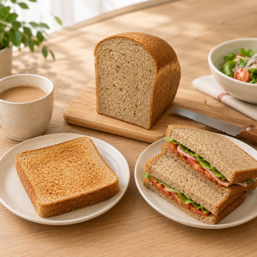 どんだけ自己中 羽村店の全粒粉のふんわり食パン。トーストとサンドイッチにしたところ
